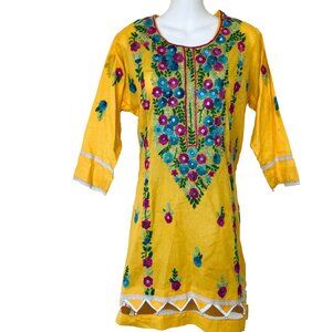 Colorful Embroidered Kurti Tunic Top Cutout Hem Yellow Cotton 40" Bust